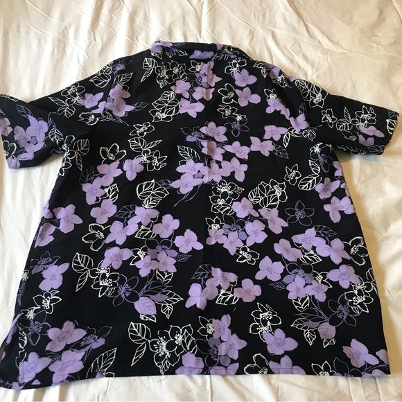 Tradition Plus Short Sleeve Button Down Casual Shirt Black Purple Flower Print - Picture 5 of 7
